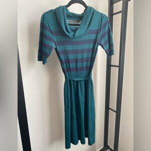 Vintage Outback Red Green & Navy Sweater Dress Size Small Cowl Neck Belted